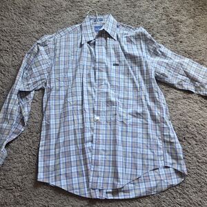 Faconnable Blue and Tan Plaid Button Down Shirt